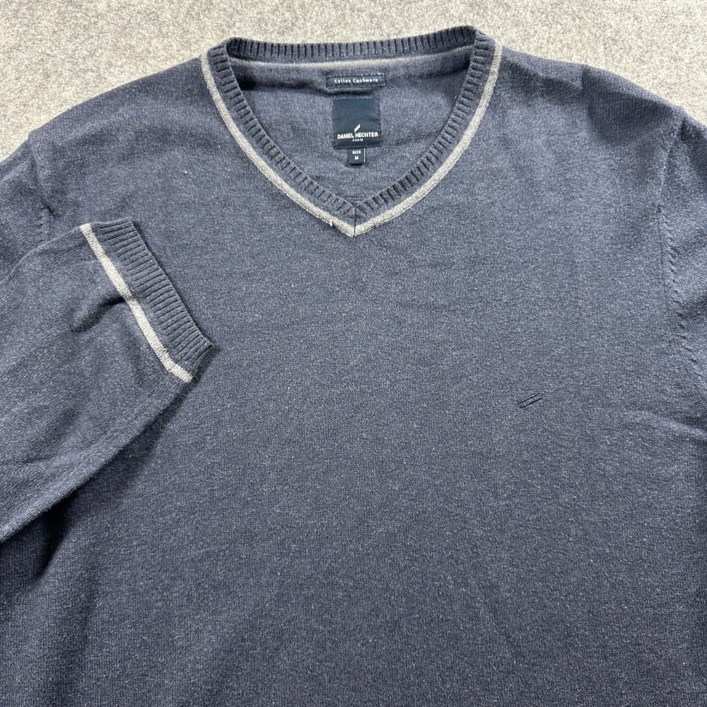 Daniel Hechter V-Neck Sweater Mens‎ Medium Navy Blue Cotton Cashmere Blend Trim